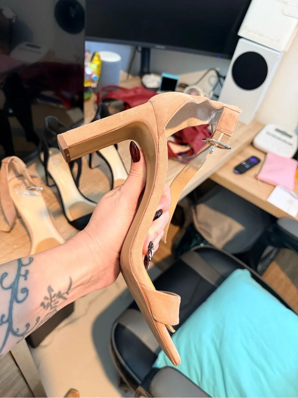Vince Camuto Blush Suede Open-Toe Ankle Strap Heels